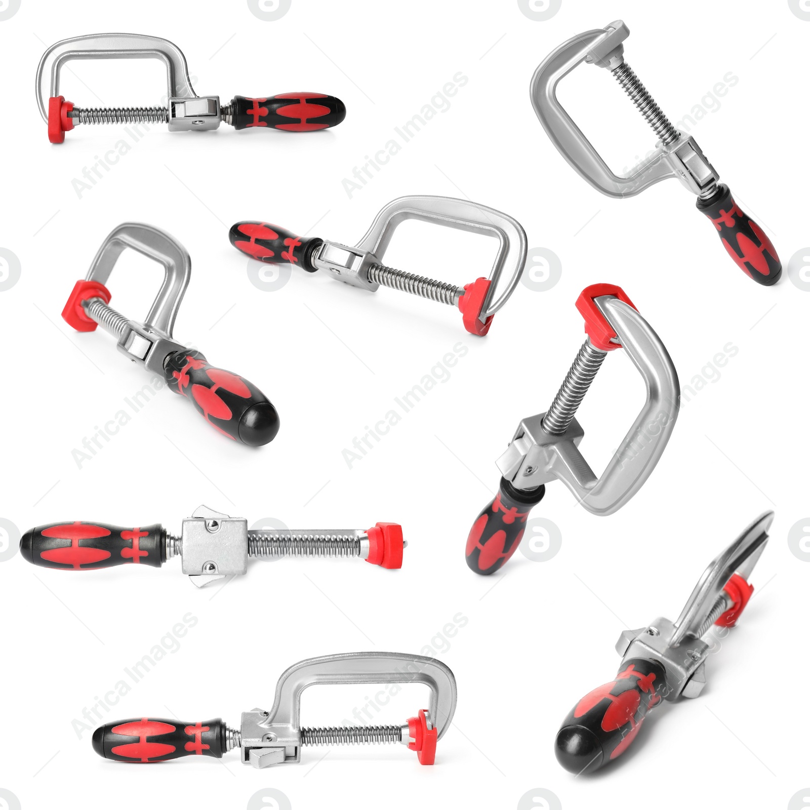 Image of Set with new clamp on white background. Construction tool