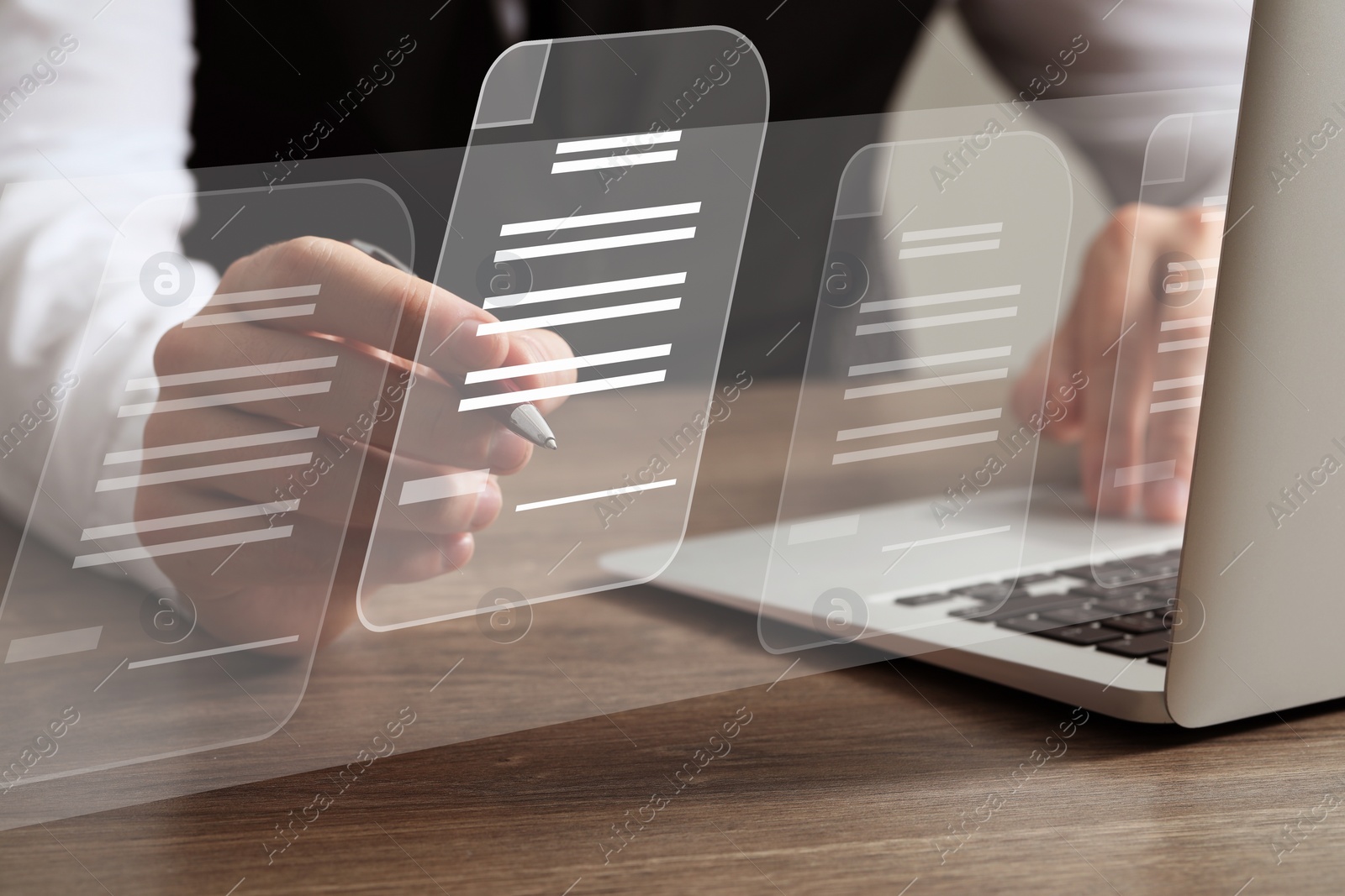 Image of Electronic signature. Man using virtual screen over laptop at wooden table, closeup