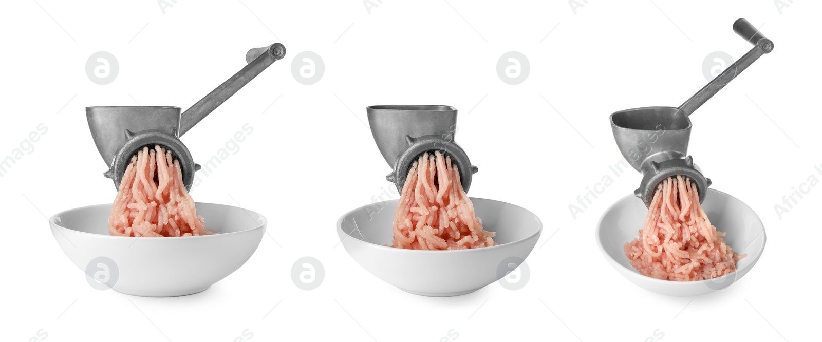 Image of Mincing chicken with manual meat grinders on white background, set