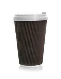 Photo of Takeaway paper coffee cup with lid on white background