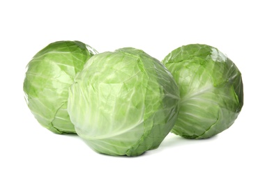 Photo of Whole cabbages on white background. Healthy food