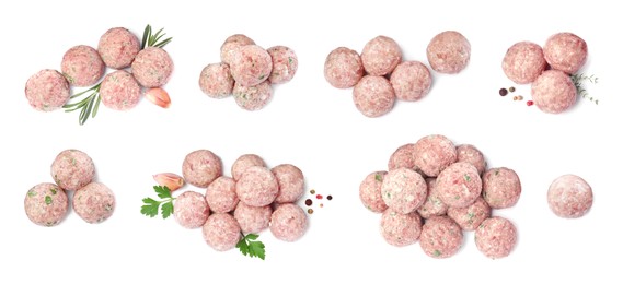 Set with fresh raw meatballs on white background, top view. Banner design