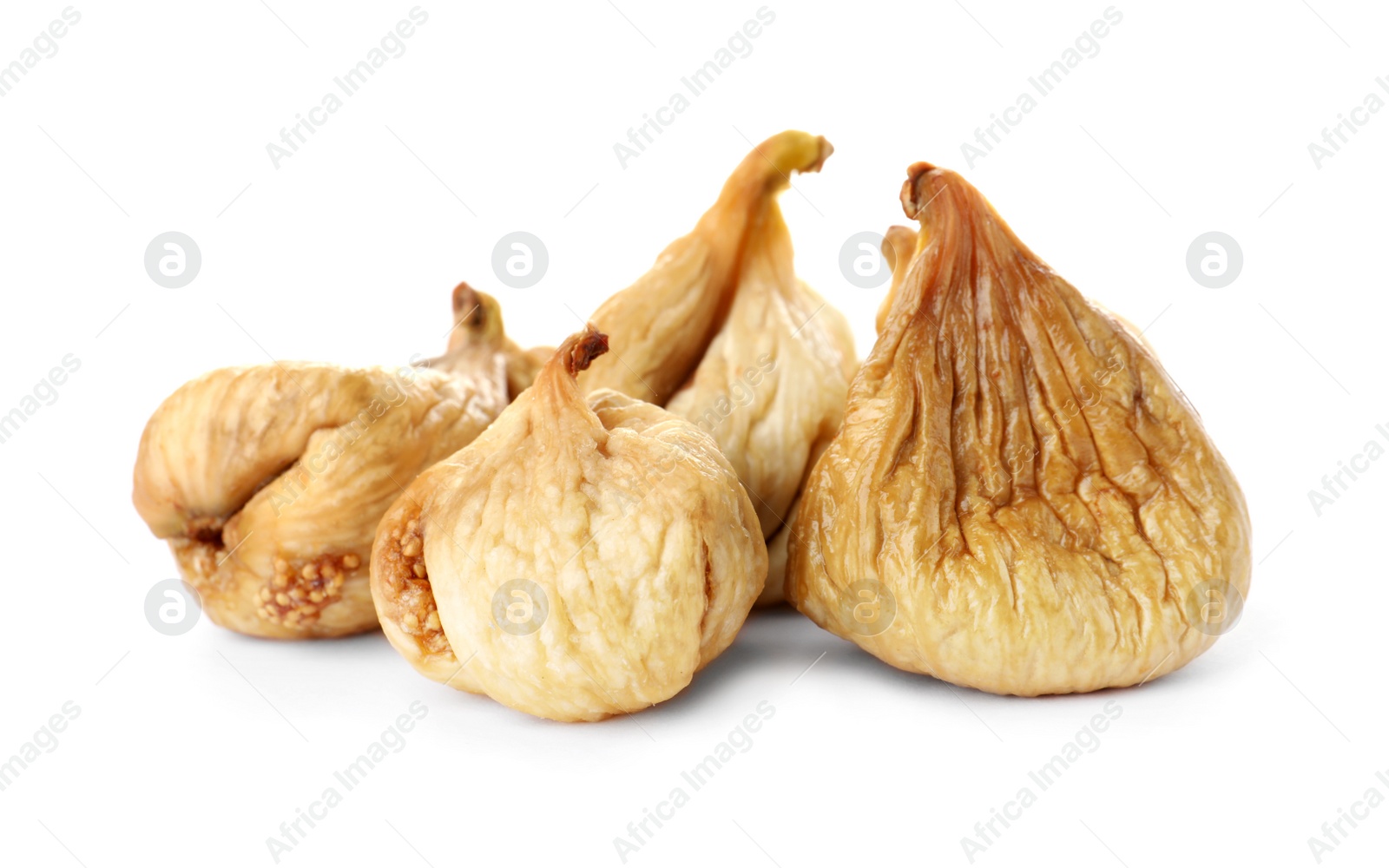 Photo of Tasty figs on white background. Dried fruit as healthy food