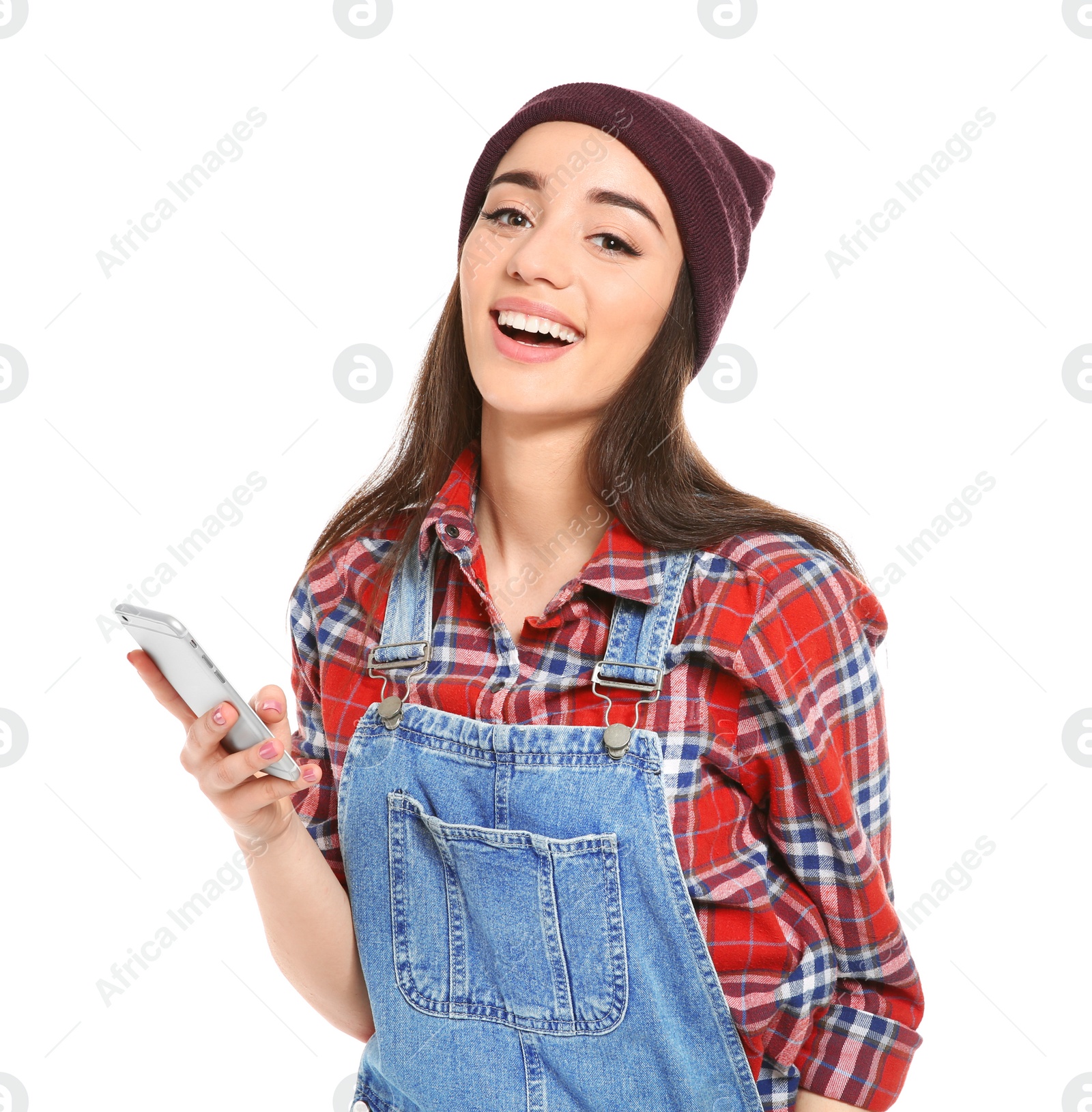 Photo of Attractive young woman using mobile phone on white background