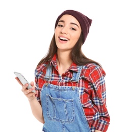 Photo of Attractive young woman using mobile phone on white background