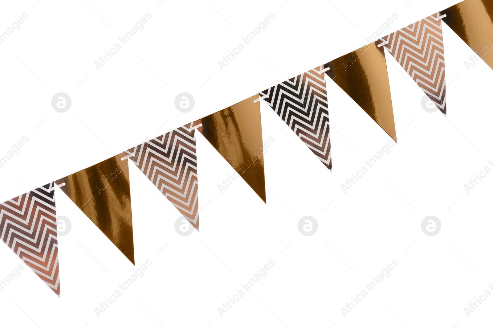 Photo of Triangular bunting flags on white background. Festive decor