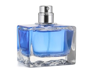 Photo of Blue men perfume in glass bottle isolated on white