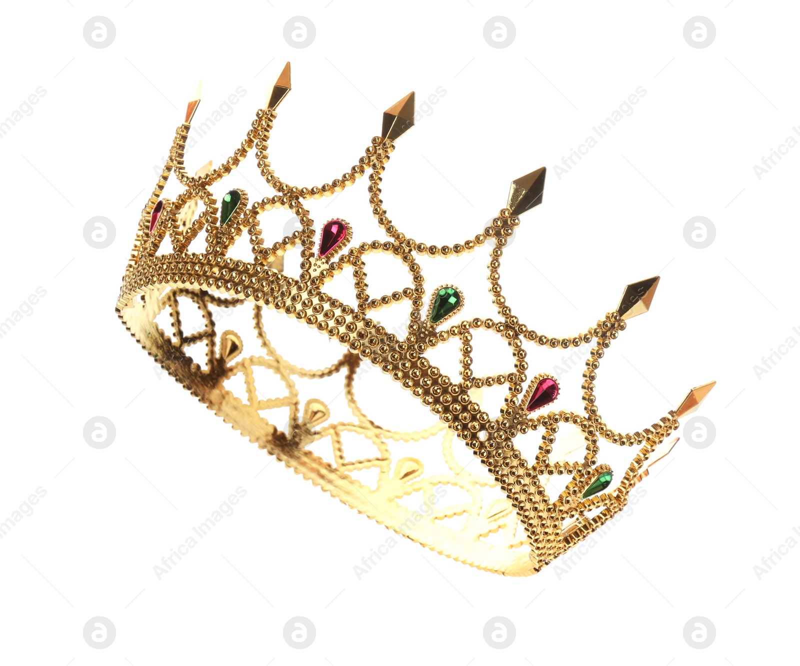 Photo of Beautiful golden crown on white background. Fantasy item