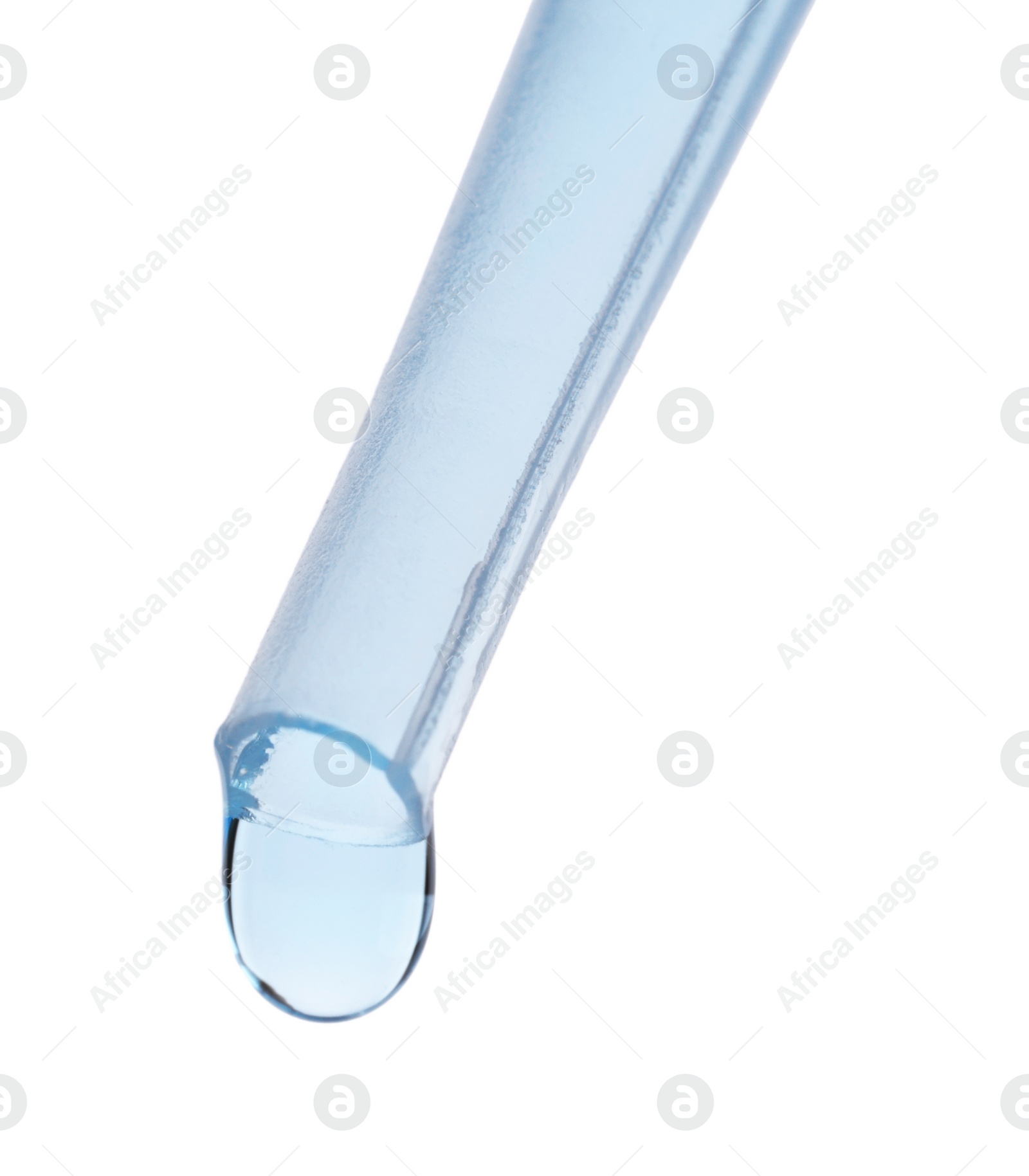 Photo of Dripping liquid from pipette isolated on white, closeup