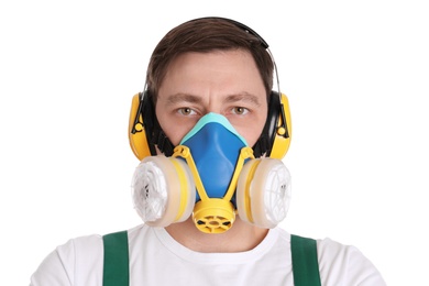 Photo of Male industrial worker in uniform on white background. Safety equipment