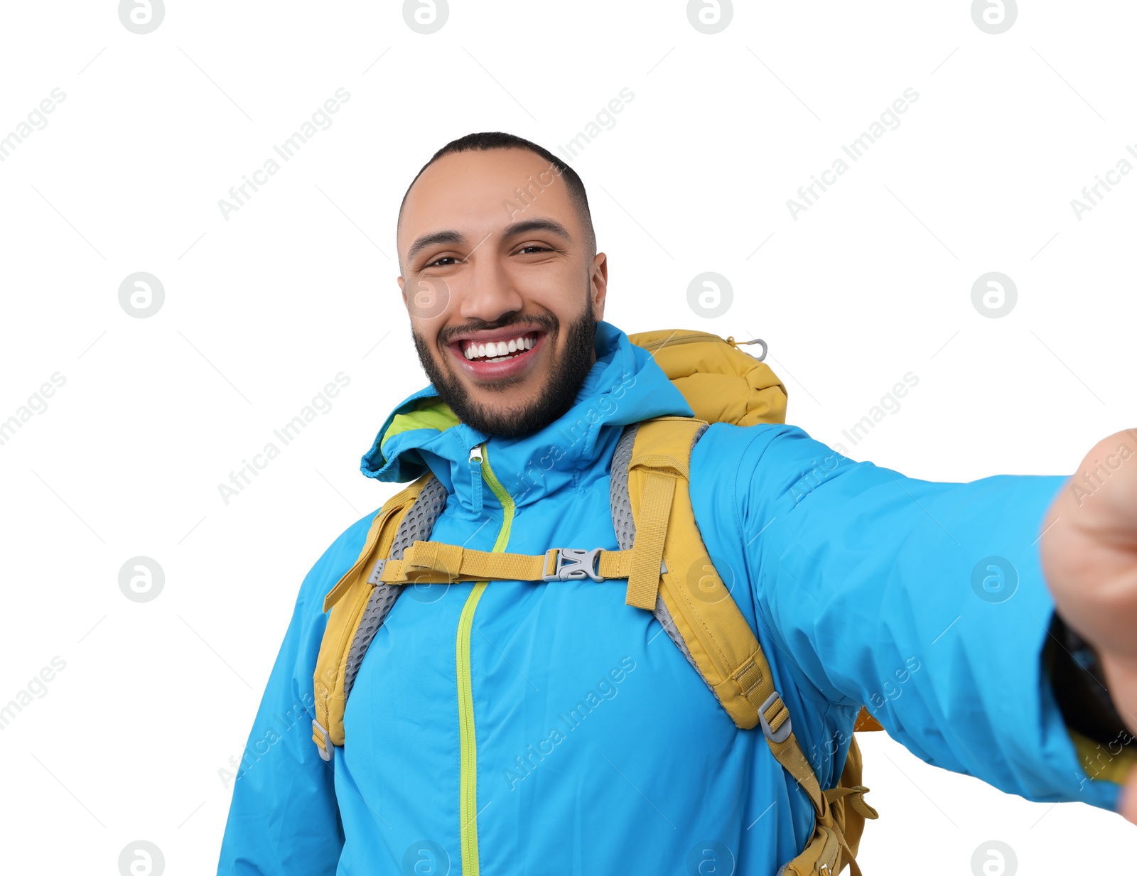 Photo of Smiling young man taking selfie on white background