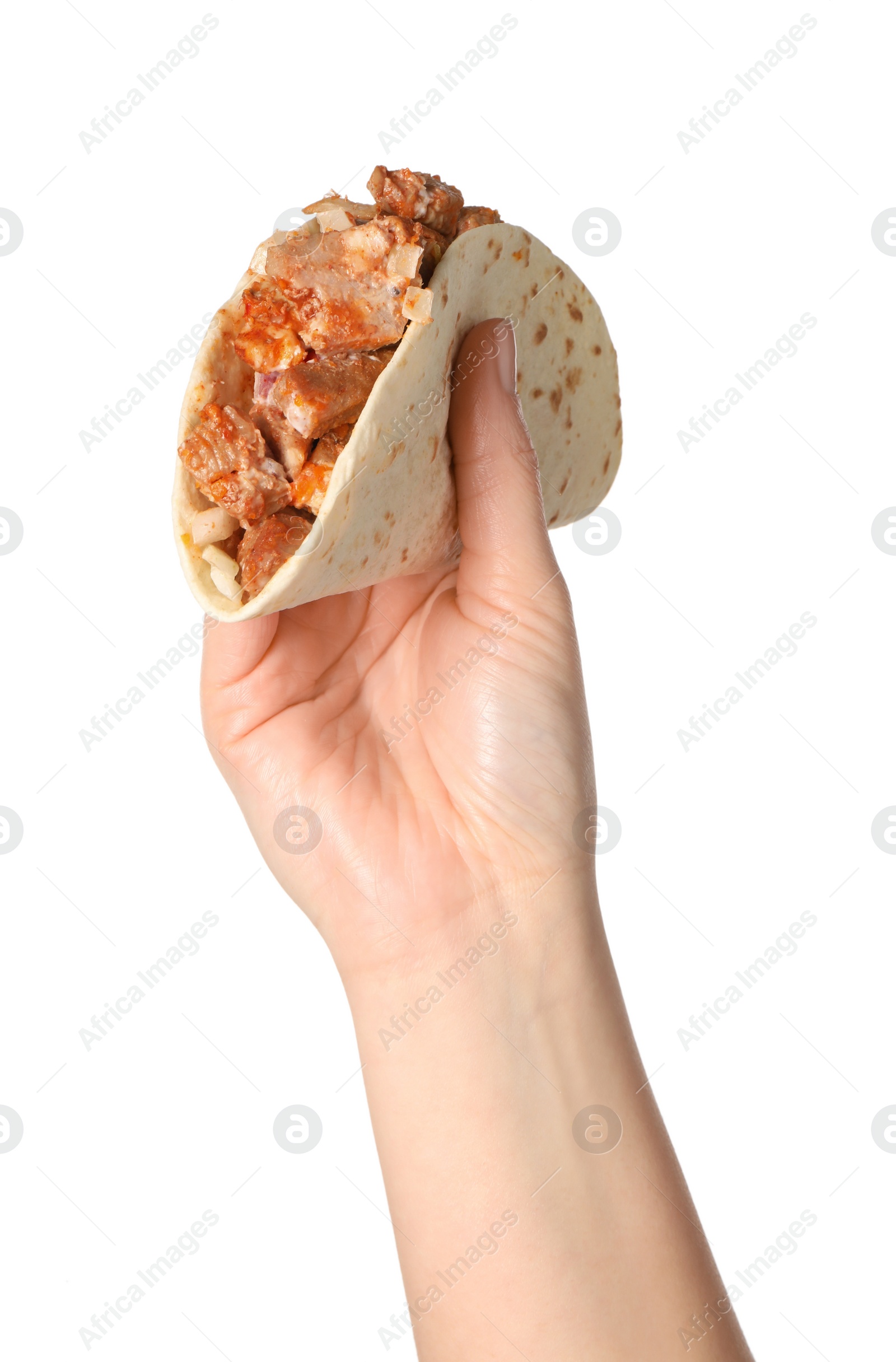 Photo of Woman holding delicious taco with meat on white background, closeup