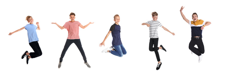 Collage of jumping teen boys on white background, banner design. Time to school