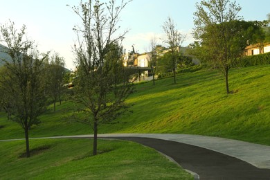 Photo of Beautiful view of footpath in park with trees