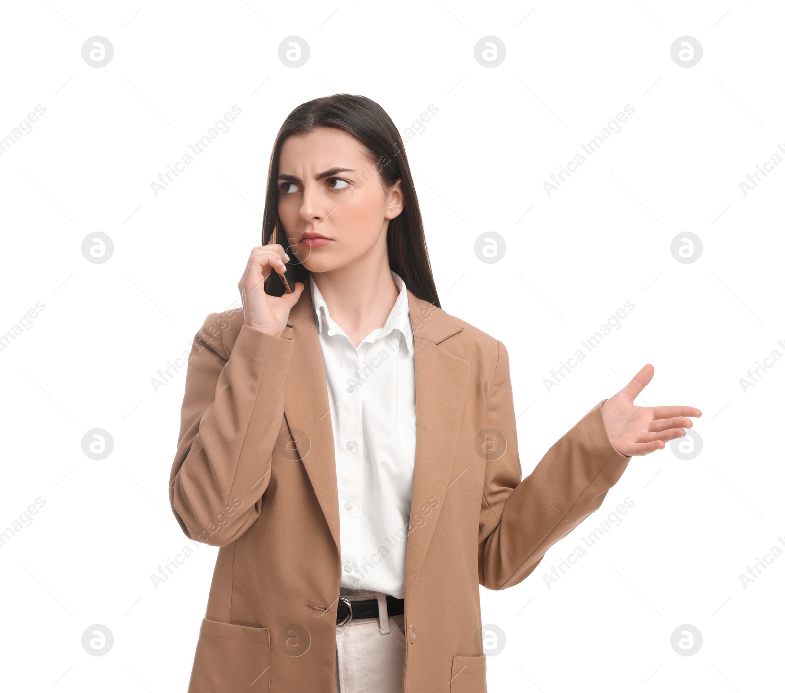 Photo of Beautiful businesswoman talking on smartphone against white background