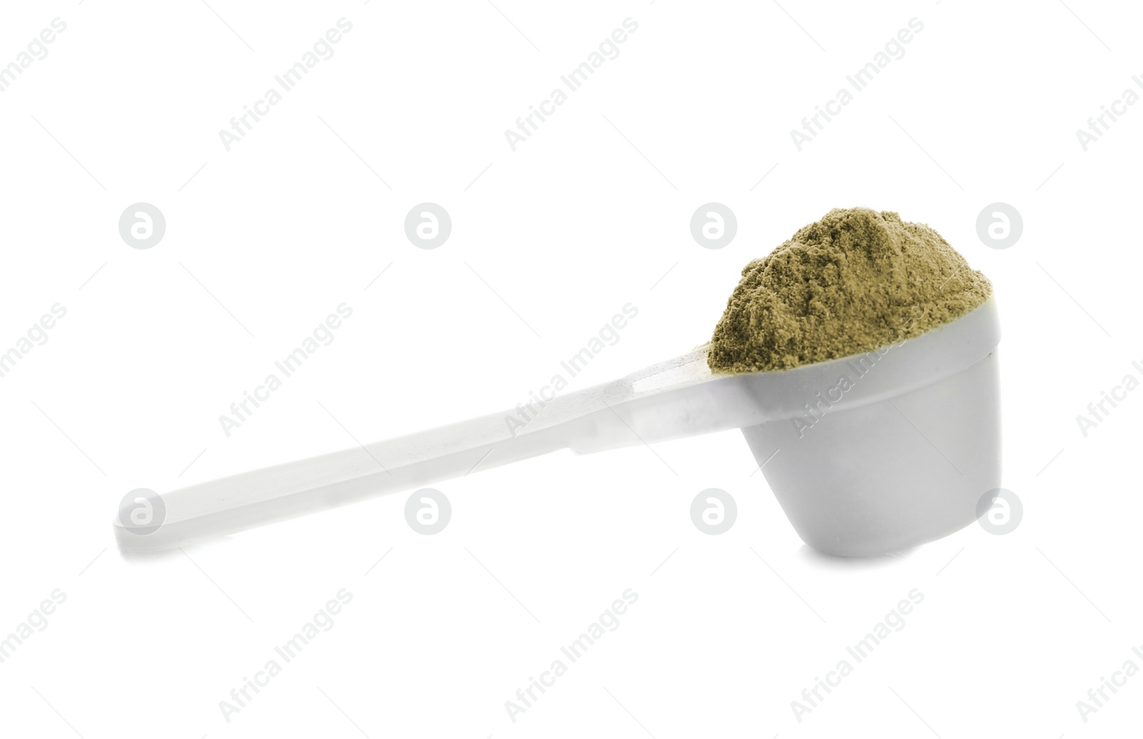 Photo of Scoop with hemp protein powder on white background