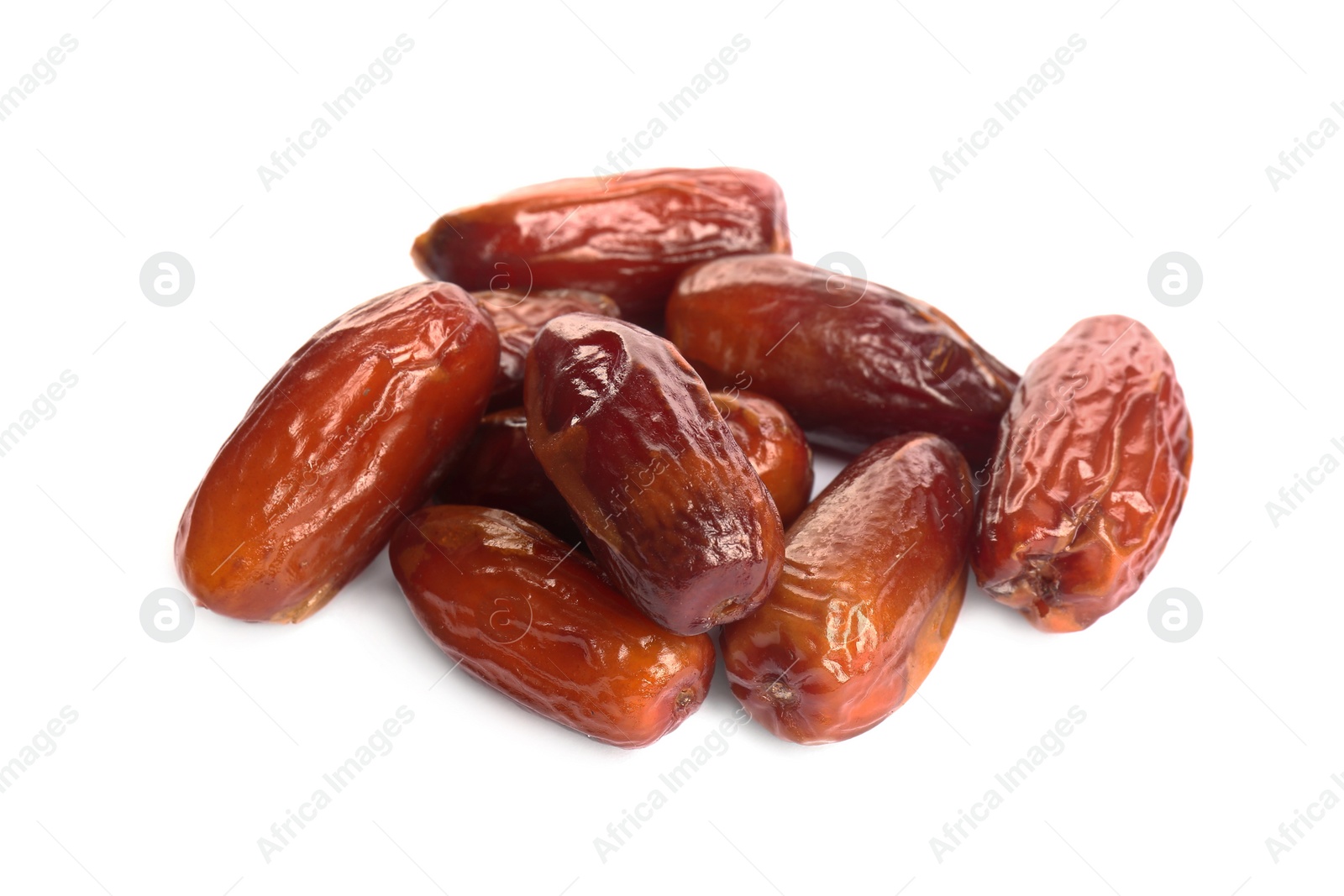 Photo of Heap of tasty sweet dried dates on white background