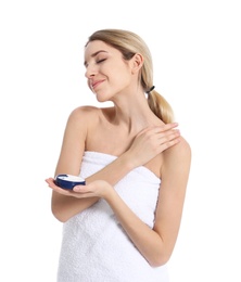 Photo of Young woman with jar of body cream on white background