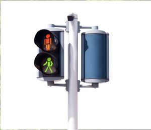 Image of Pedestrian traffic light with red and green signals on white background