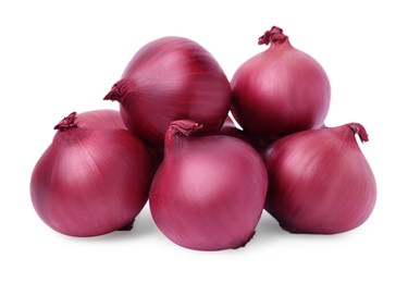 Many fresh red onions on white background