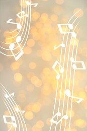 Music notes on blurred background, bokeh effect
