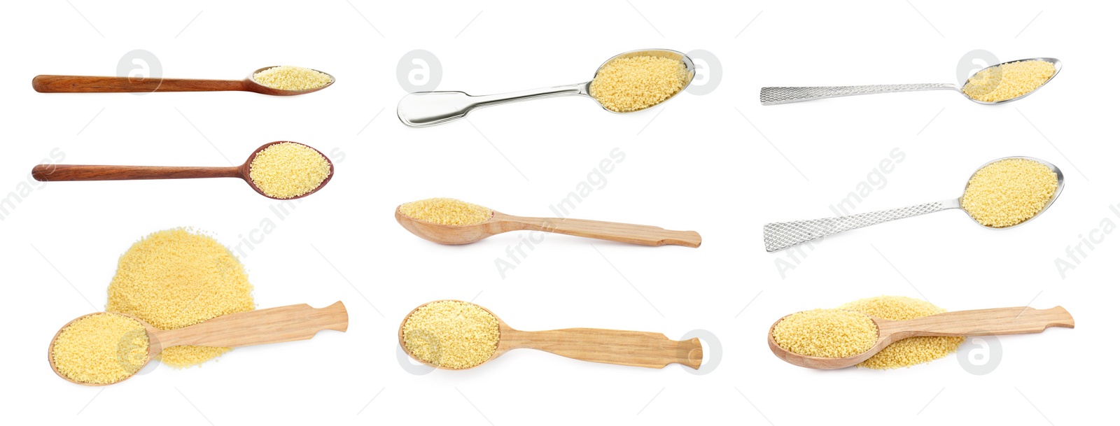 Image of Collage with raw couscous and spoons on white background