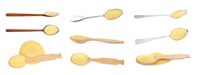 Image of Collage with raw couscous and spoons on white background