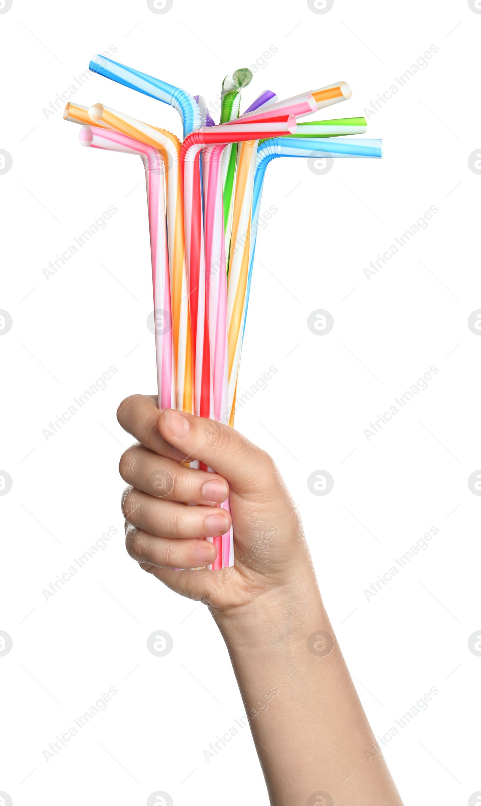 Photo of Woman holding bunch of plastic straws on white background, closeup