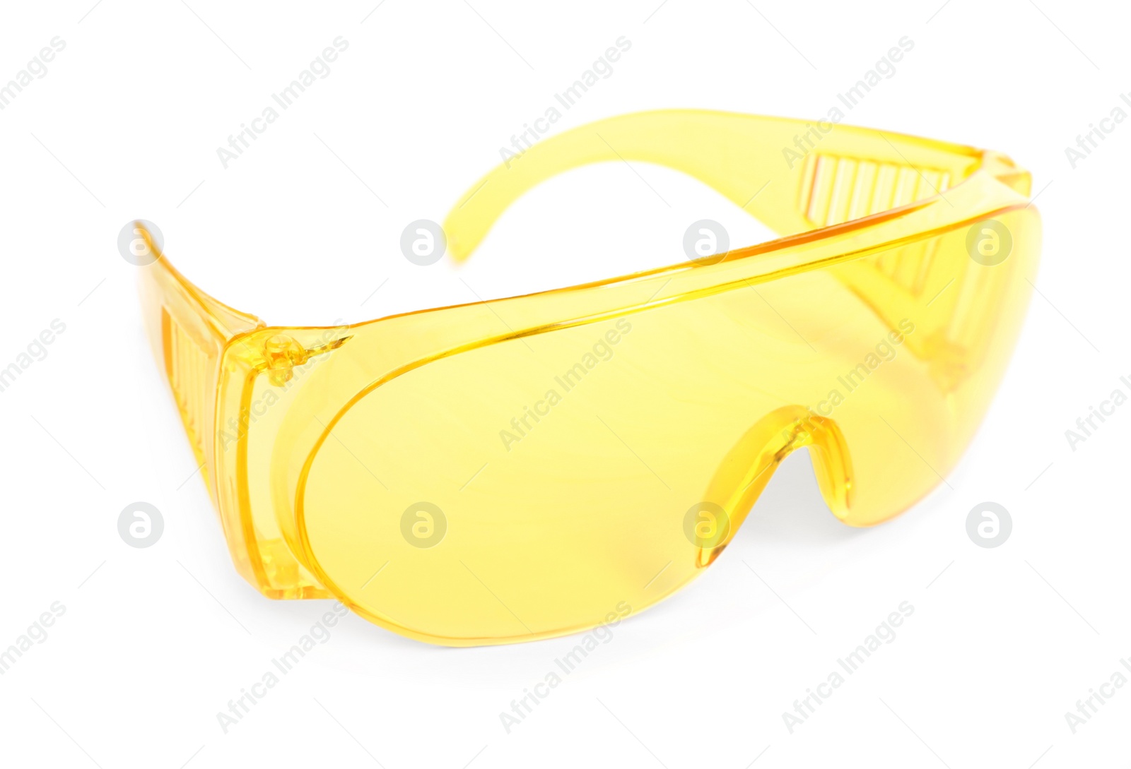 Photo of Protective goggles isolated on white. Safety equipment