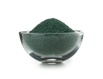 Photo of Bowl with spirulina algae powder on white background