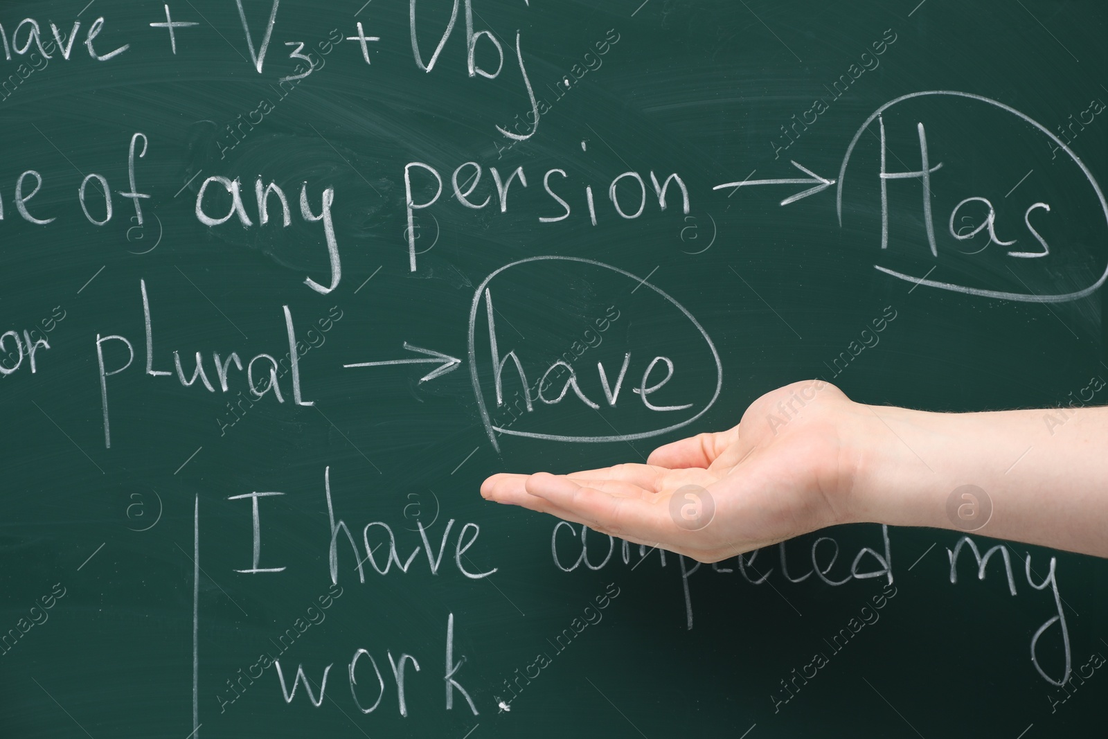 Photo of English teacher showing grammar rules written on green chalkboard, closeup