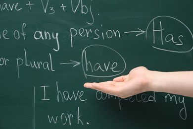 English teacher showing grammar rules written on green chalkboard, closeup