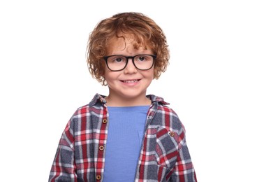 Photo of Smiling boy wearing glasses on white background