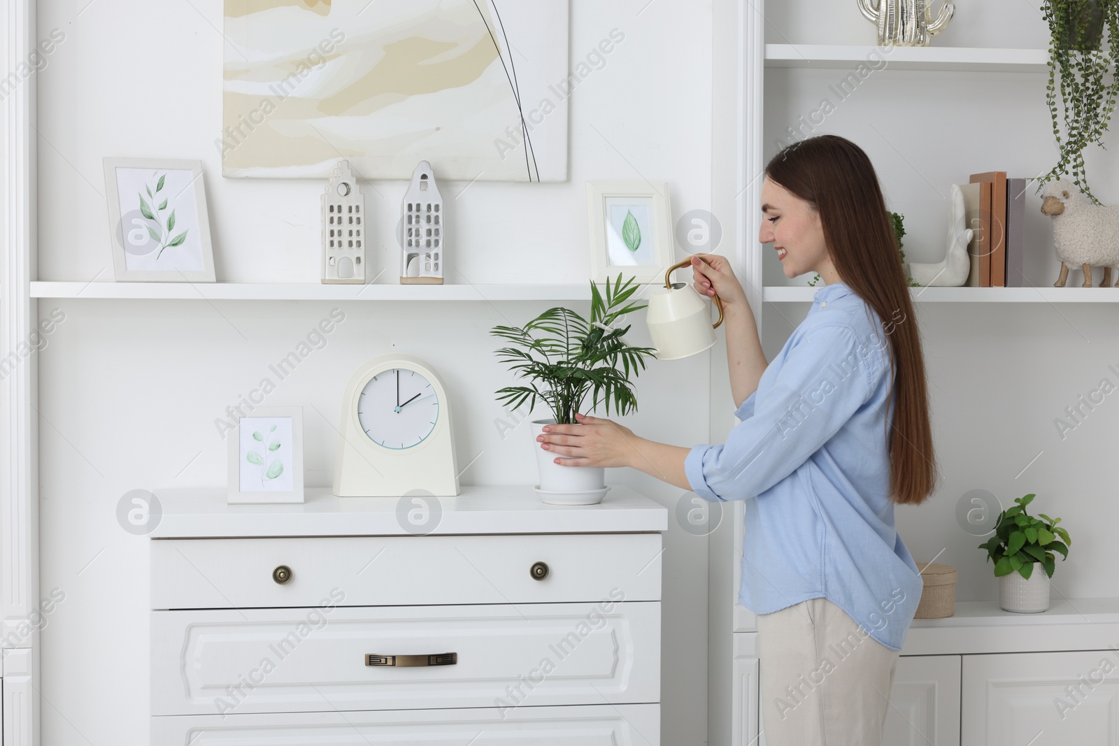 Photo of Beautiful young woman watering green houseplant at home