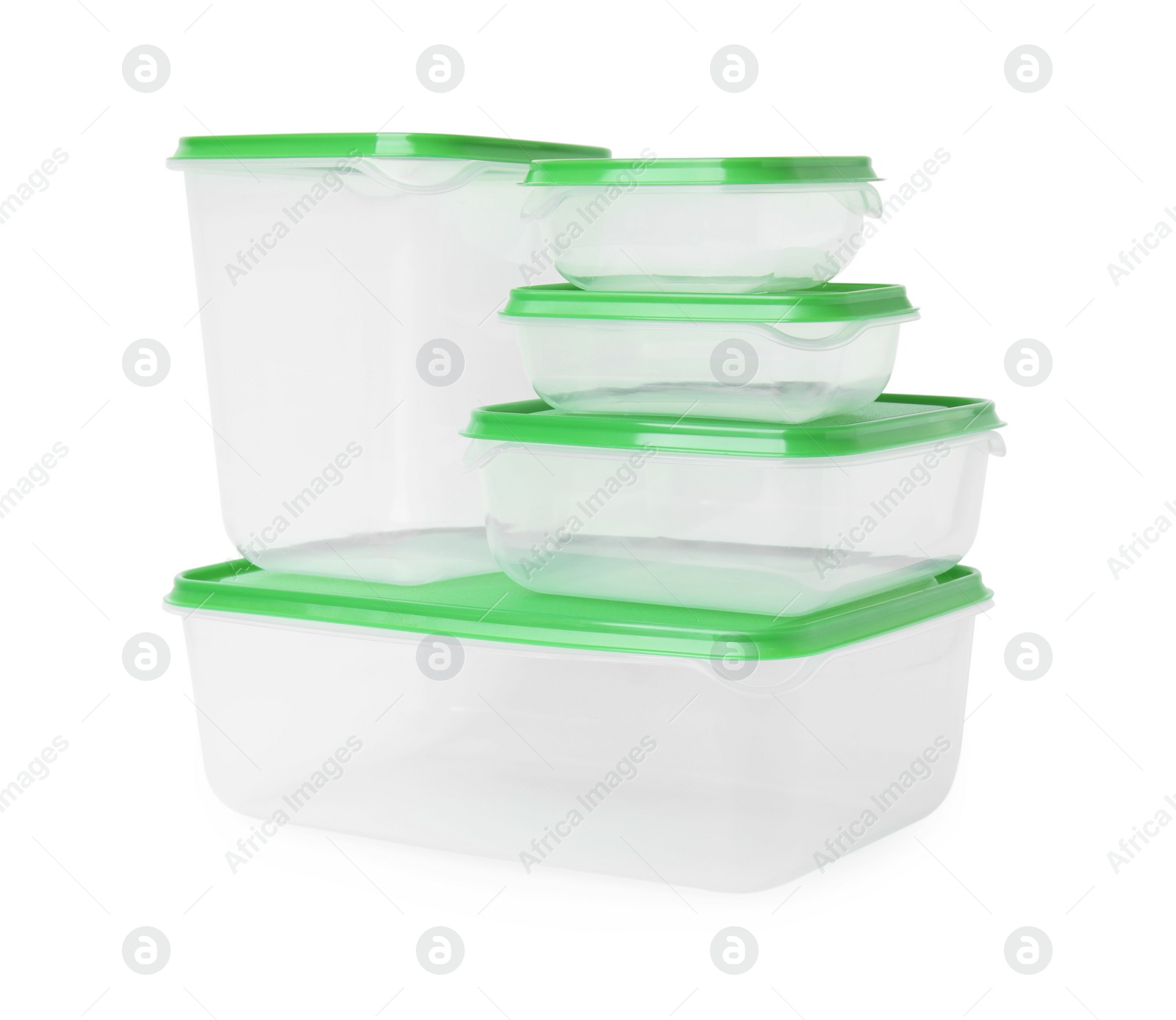 Photo of Empty plastic containers on white background. Food storage