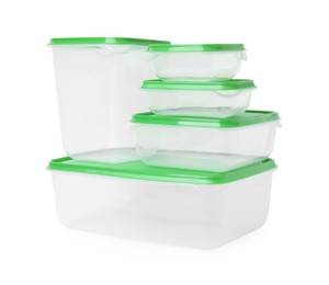 Photo of Empty plastic containers on white background. Food storage