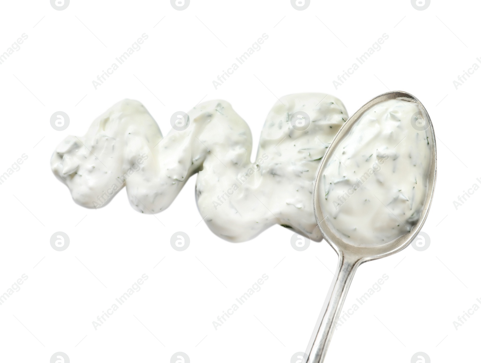 Photo of Delicious tartar sauce and spoon on white background, top view