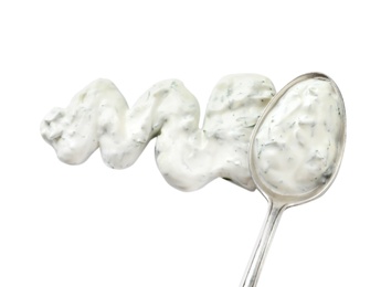 Delicious tartar sauce and spoon on white background, top view