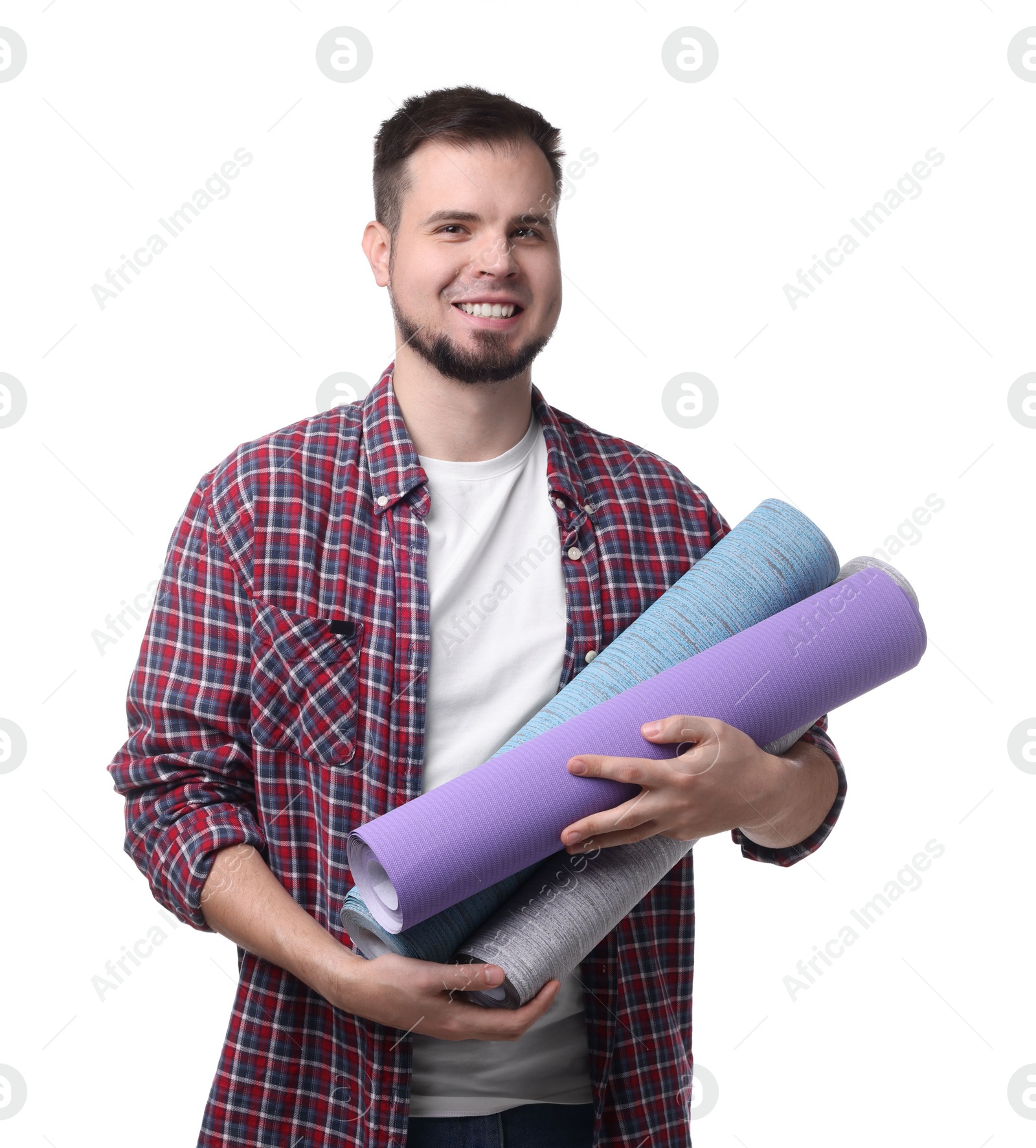 Photo of Man with wallpaper rolls on white background