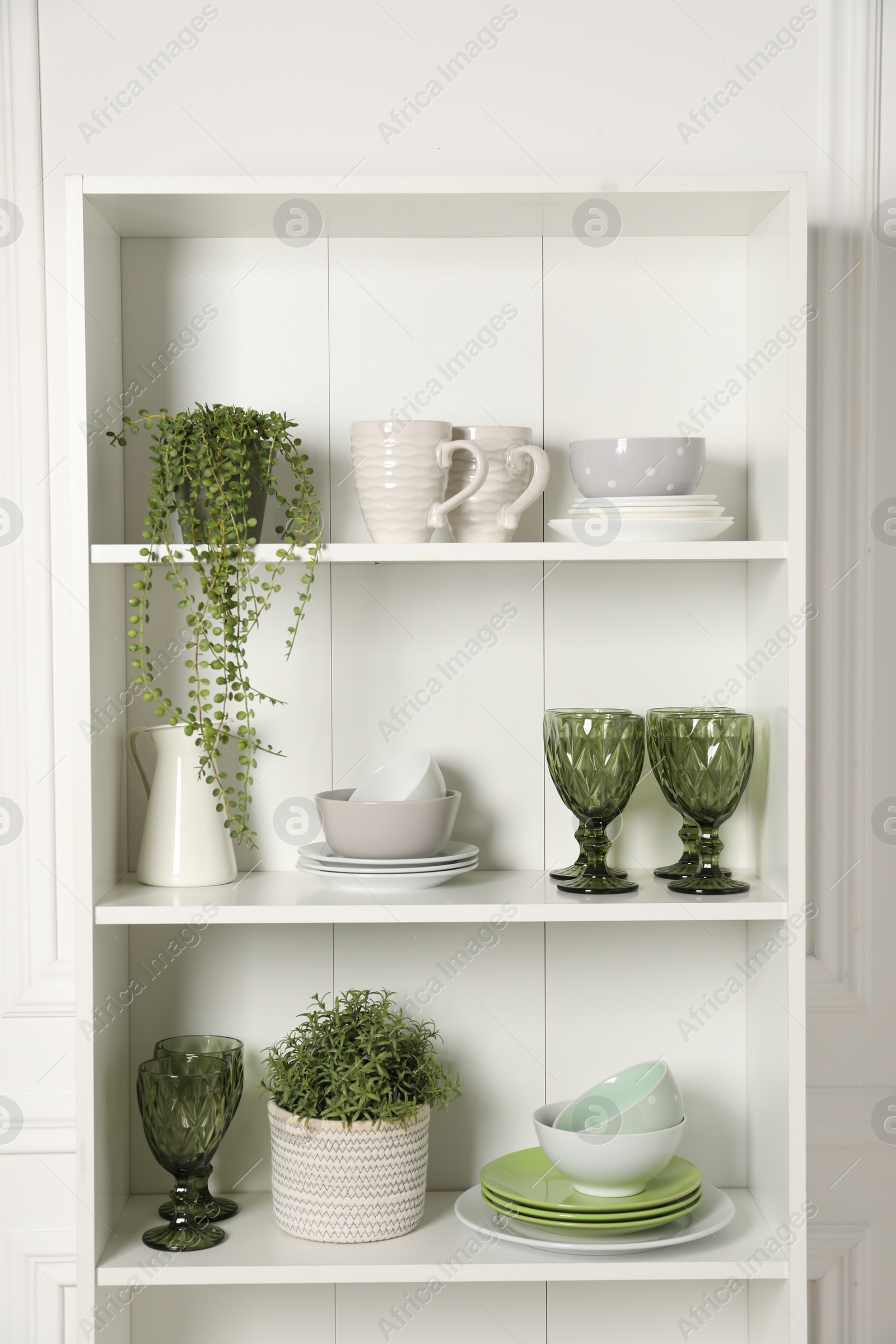 Photo of Different clean dishware and houseplants on shelves in cabinet indoors