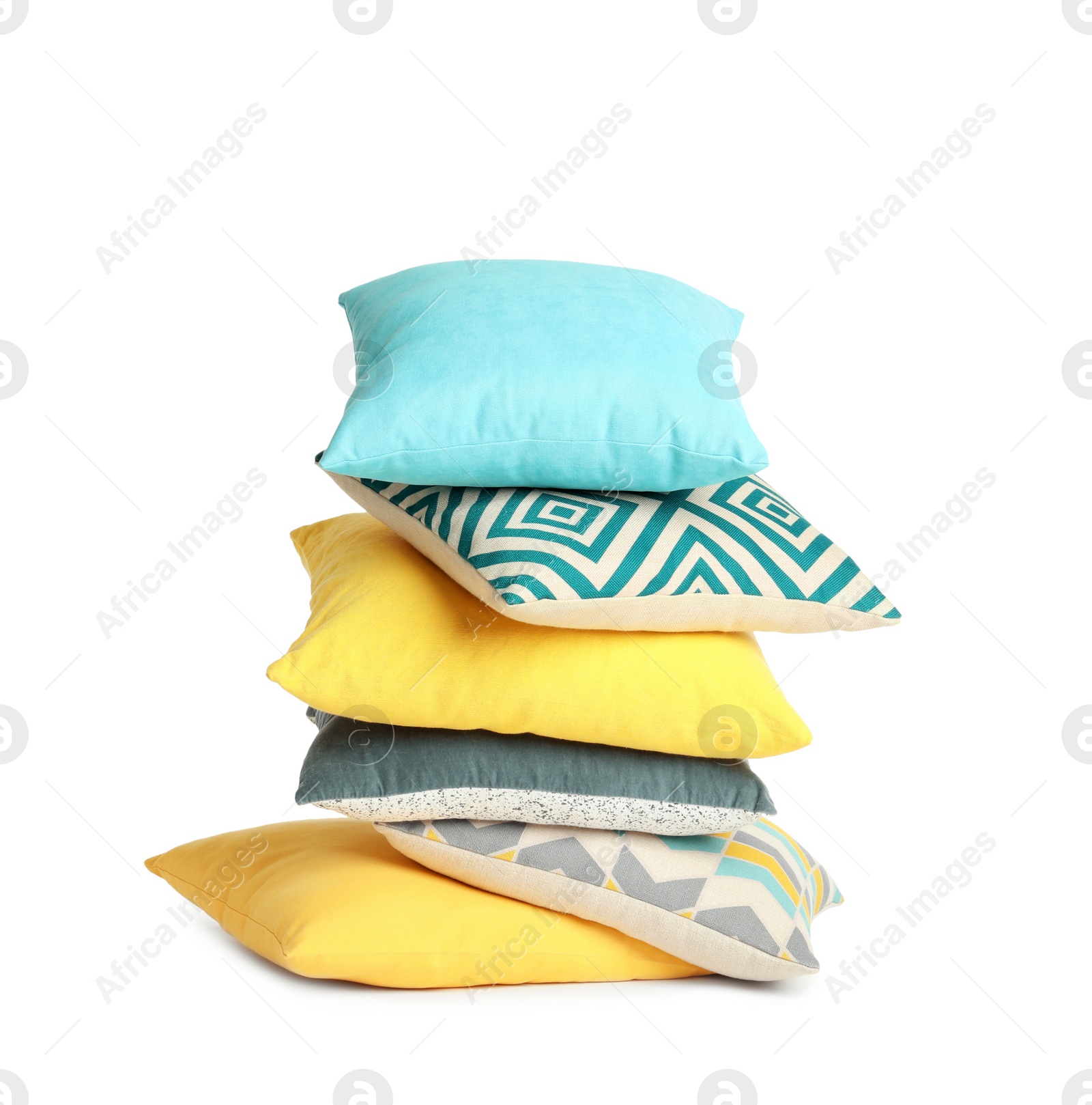 Photo of Stack of colorful decorative pillows on white background