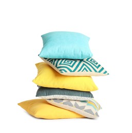 Stack of colorful decorative pillows on white background