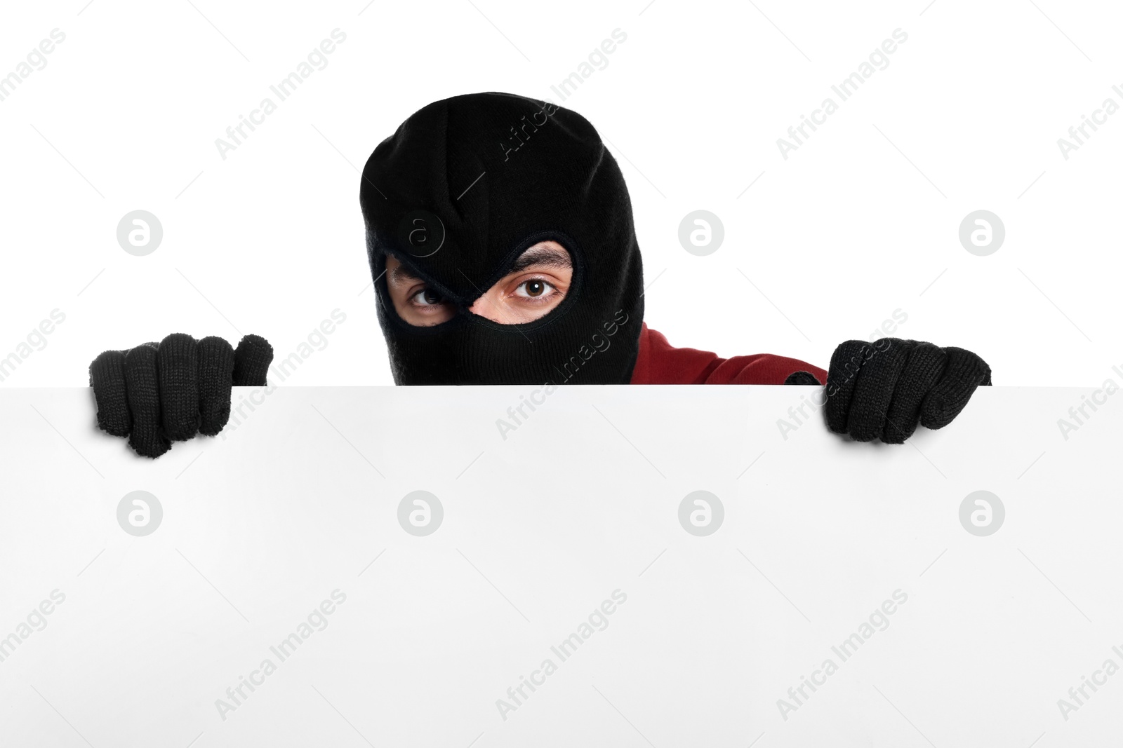 Photo of Thief in balaclava and gloves on white background