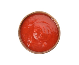 Photo of Bowl of tasty tomato sauce isolated on white, top view