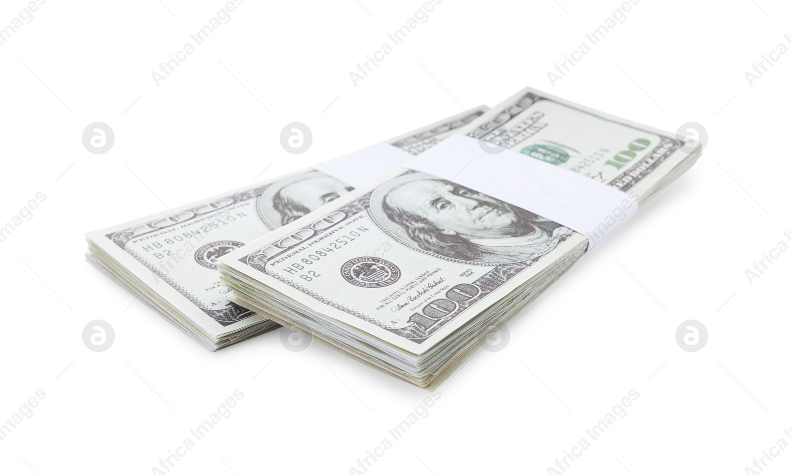 Photo of Bundles of dollar banknotes isolated on white. American national currency