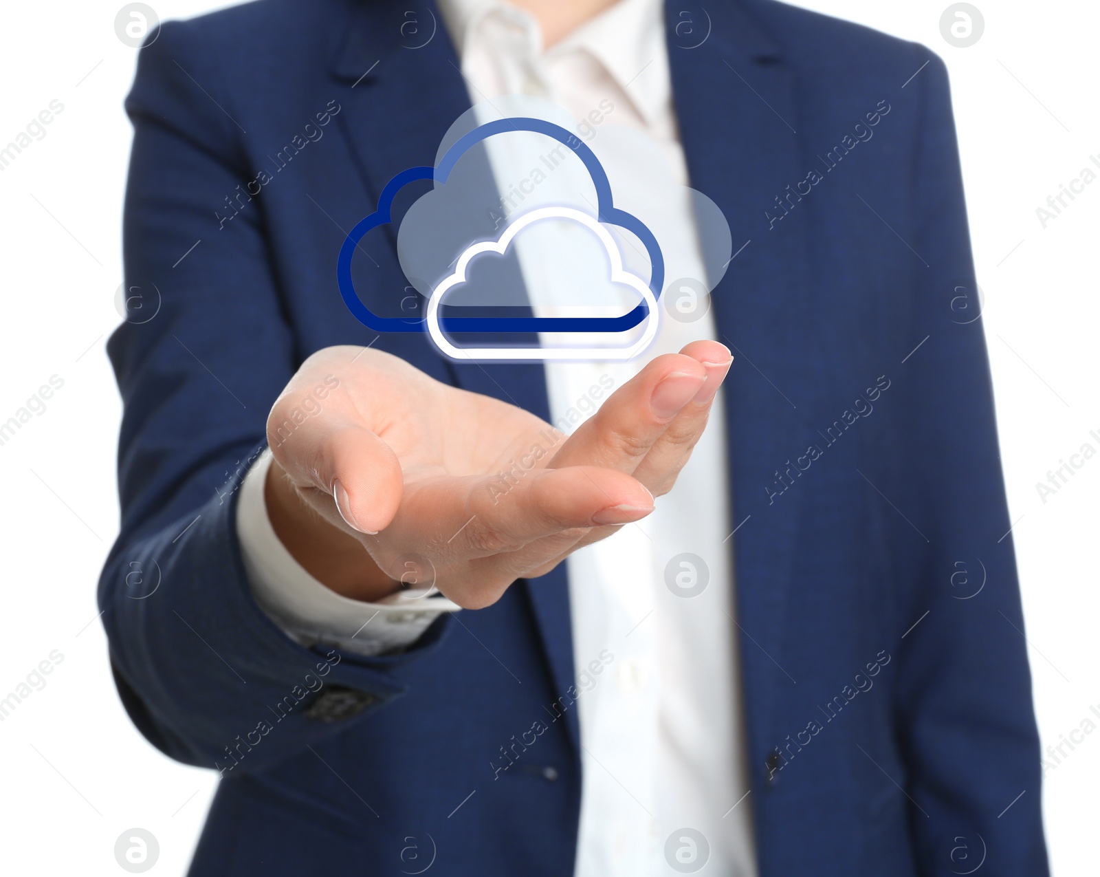 Image of Woman holding virtual clouds icon on white background, closeup of hand. Data storage concept
