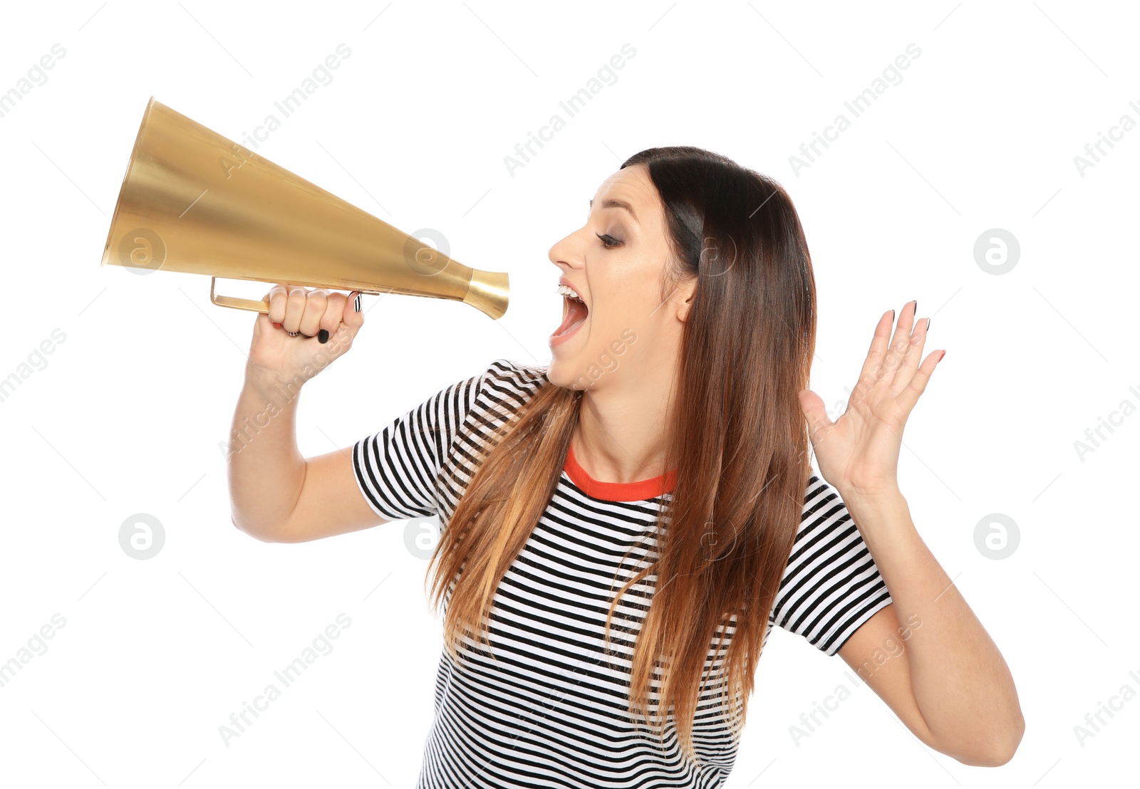 Photo of Emotional young woman with megaphone on white background