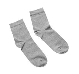 Photo of Pair of grey socks isolated on white, top view