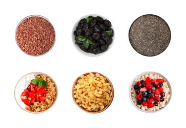 Foods for healthy digestion, collage. Rice, oatmeal, granola, dried prunes, chia seeds and raisins on white background, top view