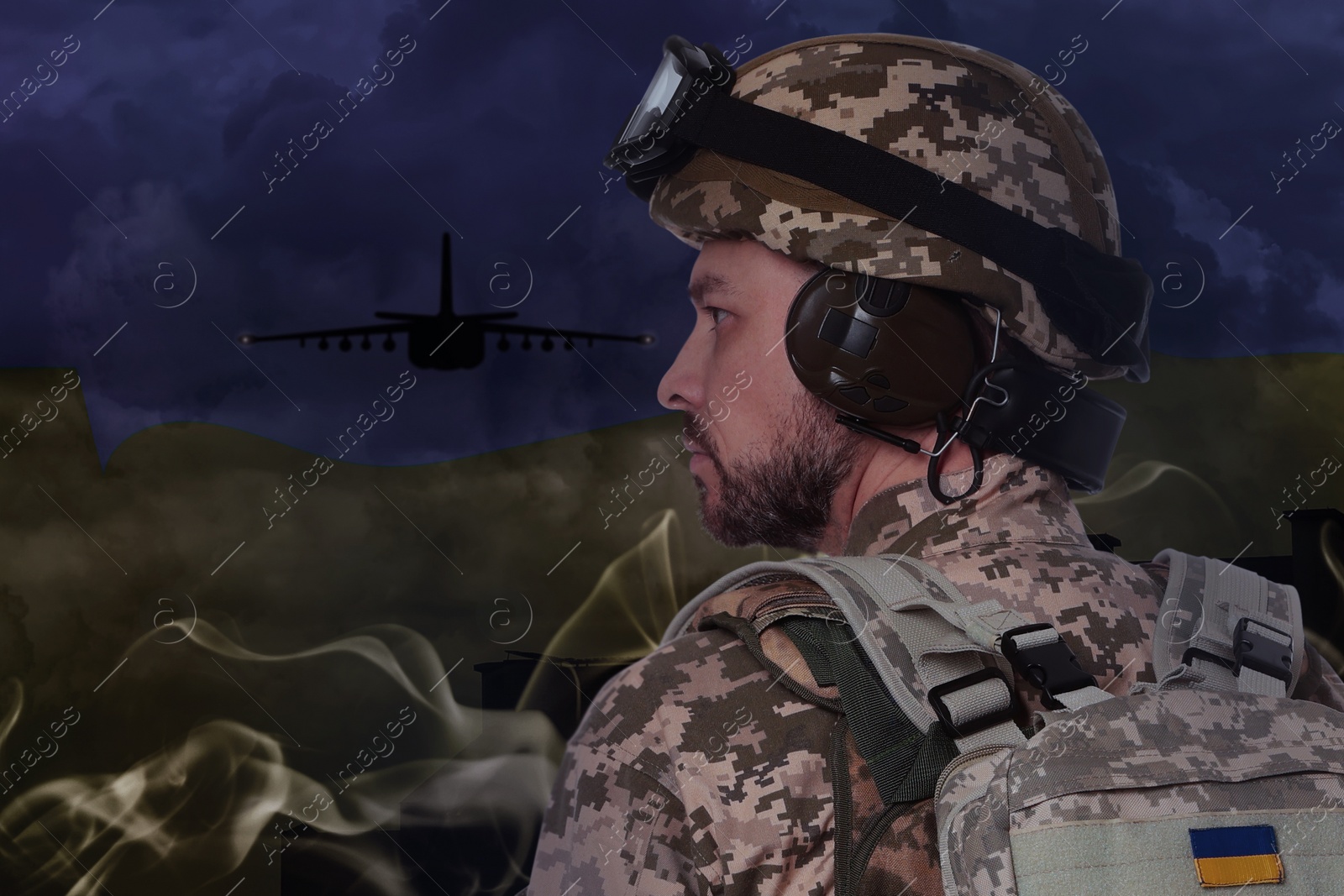 Image of Military, flag of Ukraine and jet fighter, double exposure